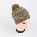 Ladies acrylic fancy yarn knitted pom pom hat